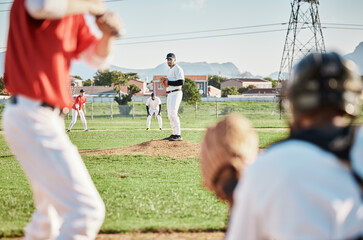 Men, pitcher or baseball player with glove in game, match or competition challenge on field, ground or stadium grass. Softball, athlete or sports people in pitching, teamwork collaboration or fitness