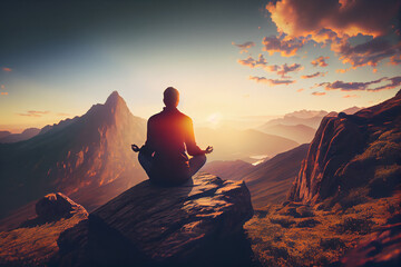 person meditating on mountain top at sunset.generative a