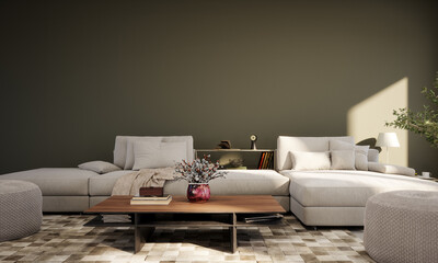 Wall Mural - Modern interior with white sofa and empty mockup green wall. Home living room design. 3D Rendering, 3D Illustration