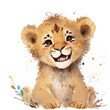 African funny baby lion with flowers for kids . Watercolor  lion PNG. Generative AI. Transparent background