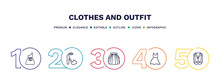 Set Of Clothes And Outfit Thin Line Icons. Clothes And Outfit Outline Icons With Infographic Template. Linear Icons Such As One Shoulder Dress, Platform Sandals, Tulle Skirt, Long Bandeau Dress,