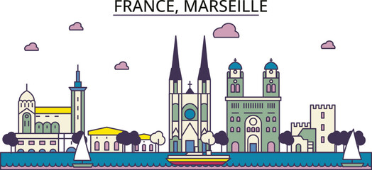 Wall Mural - France, Marseille tourism landmarks, vector city travel illustration