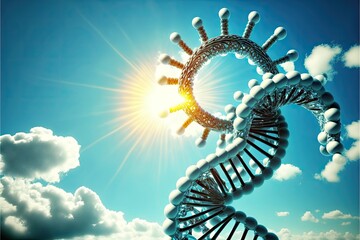 Poster - image of isolated dna molecule in microscope over background of blue sky, created with generative ai