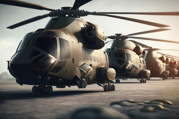 Wall Mural - military helicopters in a row. generative ai