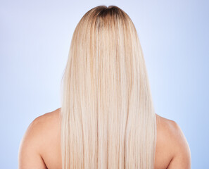 Wall Mural - Hair care, beauty and back of woman in studio isolated on a blue background. Haircare, keratin cosmetics and female model with blonde hairstyle after salon treatment for growth, texture or balayage.