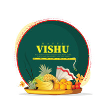 Greeting Poster Of Vishu Festival With Traditional Vessel Uruli And Konna Flowers (cassia Fistula). 
