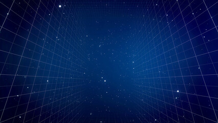 Wall Mural - Perspective Grid. Abstract background shining blue particles dust with flare. Futuristic glittering in space on black background