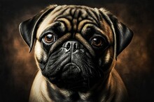 Centered Portrait Of A Cute Pug On A Dark Brown Background, Digital Art Illustratrion, Generative AI