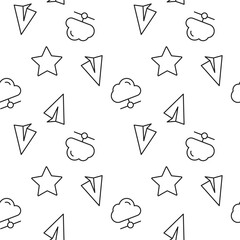 Monochrome vector seamless pattern of star, cloud store, paper airplane for web sites and polygraphy