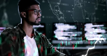 Leinwandbilder - Man, trading and stock market at night on dashboard for monitoring cryptocurrency, finance or profit at office. Male trader or broker working late on PC with overlay for financial data on investments