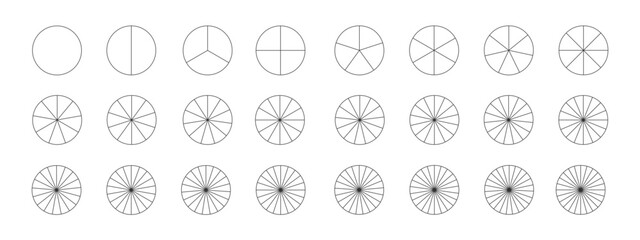 donut or pie chart templates. circle divides on equal parts from 2 to 24. set of graphic wheel diagr
