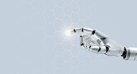 Aufkleber - 3d rendering humanoid robot's hand touch on digital world, hexagon network, big data background with copy space. Futuristic AI for data service, artificial intelligence automated technology concept.