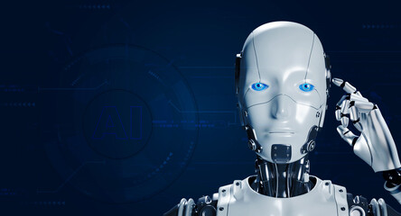 Aufkleber - 3d rendering of humanoid robot cyborg think or compute on blue cyber background with copy space, hand pointing on head. AI machine learning, artificial intelligence futuristic technology concept.