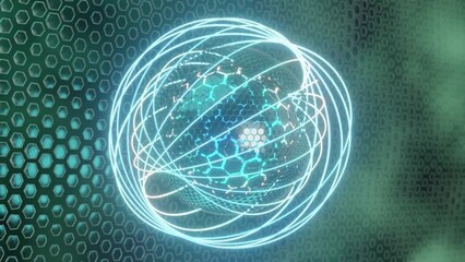 Poster - loop 3d animation, design, digital graphics. abstract futuristic sphere of many hexagons and neon ri