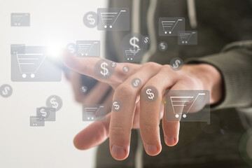 Poster - Businessman pressing modern social buttons on a virtual background