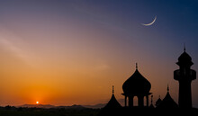Silhouette Mosques On Sunset Sky Twilight With Crescent Moon Over Mountain Landscape, Religion Of Islamic And Free Space For Text Ramadan Kareem, Eid Al Fitr, Eid Al Adha, Eid Mubarak, Muharram