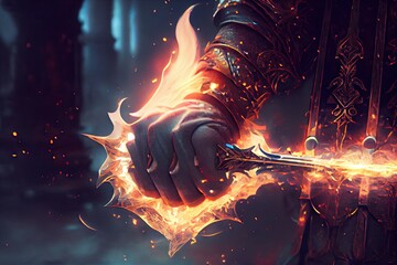 Poster - a close-up of a hand clasping the hilt of a sword, with flames and sparks in the background, created with generative ai