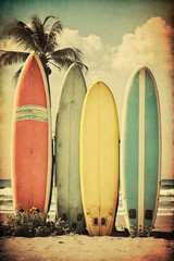 Wall Mural - surfboard on the tropical beach abstract background. vintage tone color style. generative ai