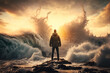 Man standing front of big strom wave on sunset sky abstract background. Challenge and brave concept. Generative AI