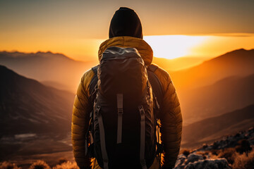 Backpack man standing on top of mountain with sunset sky abstract background. Generative ai