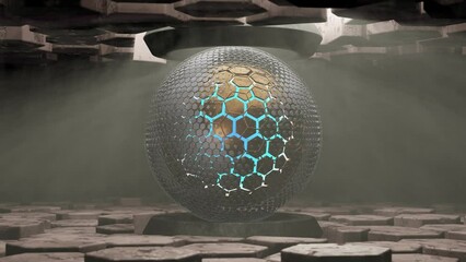 Poster - loop futuristic 3d animation of a mysterious cosmic sphere made of metal hexagons in the space of mo