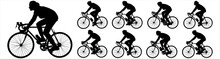 Big Set Of Female Cyclists Silhouettes. Girl Riding A Bike. A Woman Rides A Bicycle. A Group Of Cyclists. Sport. Competitions. Cycling. Side View. Black Color Silhouette Isolated On White Background