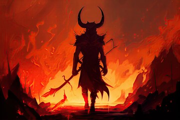 Sticker - a demon with horns and a pitchfork in the midst of a fiery hellscape., created with generative ai