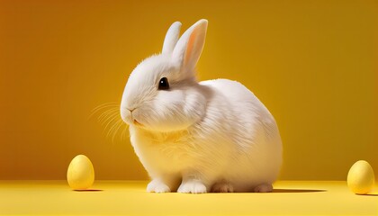 Wall Mural - Cute white bunny on yellow gradient background