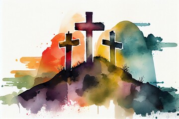 Wall Mural - Watercolor Illustration of a Abstract Art. Colorful Painting Art Of Three Crosses On A Hill. Christian Illustration. Generative AI