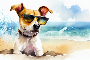 Watercolor Illustration of a Cute Cartoon Summer Dog On A Beach In Sunglasses With Space For Copy ( ). Generative AI