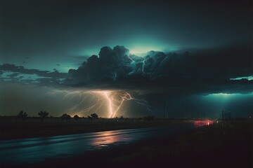 Wall Mural - Terrible storm clouds, neon lightning AI