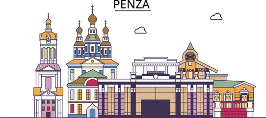 Wall Mural - Russia, Penza tourism landmarks, vector city travel illustration