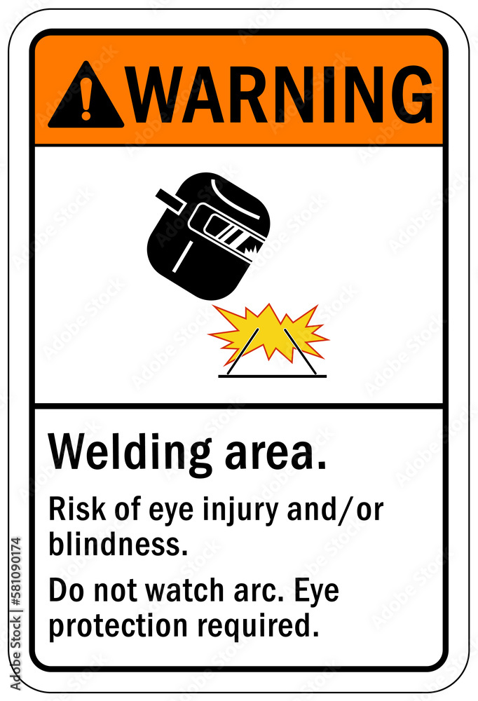 Arc flash hazard sign and labels welding area. Risk of eye injury and ...