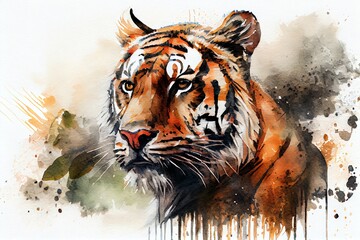 Wall Mural - Watercolor Illustration of a Portrait Of A Bengal Tiger Illustration. Generative AI