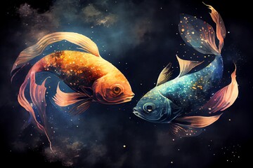 Wall Mural - watercolor illustration of a zodiac sign of pisces, fantasy fish with magic light in space. generati