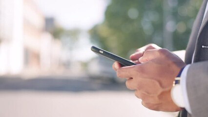 Aufkleber - Hands, phone and businessman in city street, texting and search while outdoors for travel on blurred background. Smartphone, zoom and guy check online app for location, maps or directions on commute