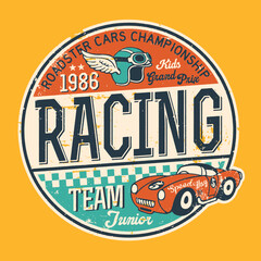 Speedway roadster car championship kids racing team cute grunge vector print for children wear t shirt