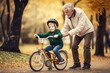 A grandfather helps his little grandson ride a bike. Ai generated.