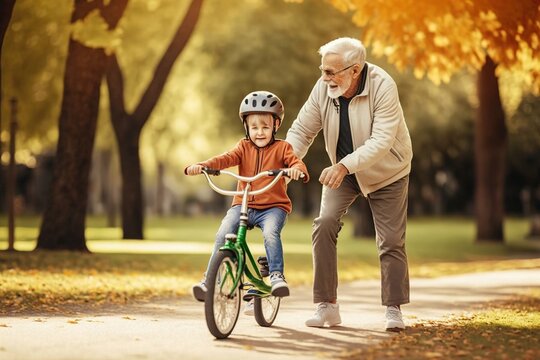 a grandfather helps his little grandson ride a bike. ai generated.