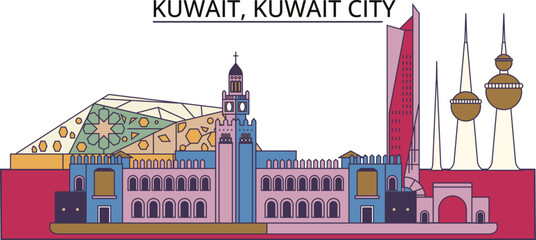 Wall Mural - Kuwait, Kuwait City tourism landmarks, vector city travel illustration