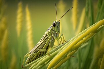 small grasshopper in image on green summer meadow, created with generative ai