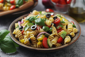 a bowl with traditional italian pasta salad