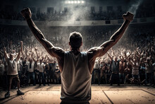 Generative AI image of muscular male athlete in activewear standing on stage with raised arms in front of crowd