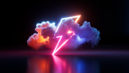 3d render, abstract minimalist background. Colorful cloud and neon lightning symbol. Stormy cumulus with glowing thunder sign