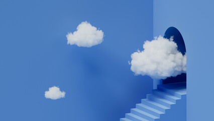 Wall Mural - 3d render, abstract blue minimalist background. White clouds flying out from the arch portal. Business metaphor. Minimalist wallpaper