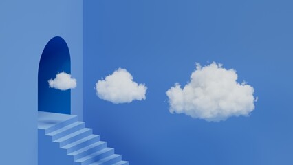 Wall Mural - 3d rendering, abstract minimalist blue background with stairs and the row of three white clouds flying out the tunnel