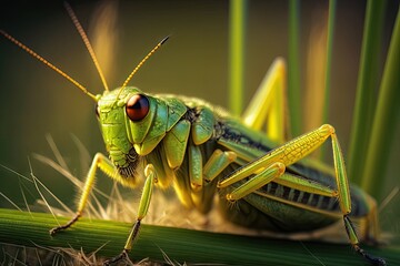 Poster - bright green grasshopper on grass clung to blades of grass on sunny day, created with generative ai