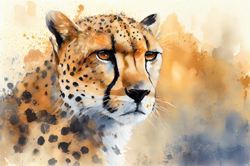 Wall Mural - Watercolor Illustration of a Cheetah Portrait Style Painting 12. Generative AI