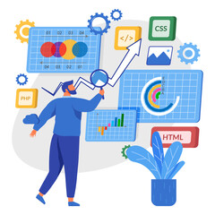 Poster - manager testing and analyzing graph reports, business targets, company success at rate scale chart. 