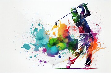 Watercolor Illustration of a Golf Sport Player Colorful Splash Horizontal Banner On White Background Copy Space. Illustration. Generative AI